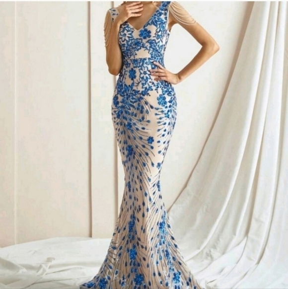 Blue, Floral Print, V Neck,  Beaded Draped Sleeves,  Sequined Mermaid Go… - Picture 4 of 12